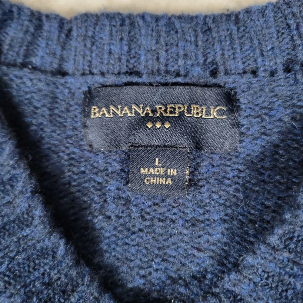 Banana Republic Sweater Mens Large Blue Argyle 100% Lambswool V-Neck Knit 0739